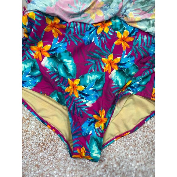 Swimsuits For All Womens Plus Size 24 Hibiscus V Neck One Piece Swim Dress - Picture 4 of 6